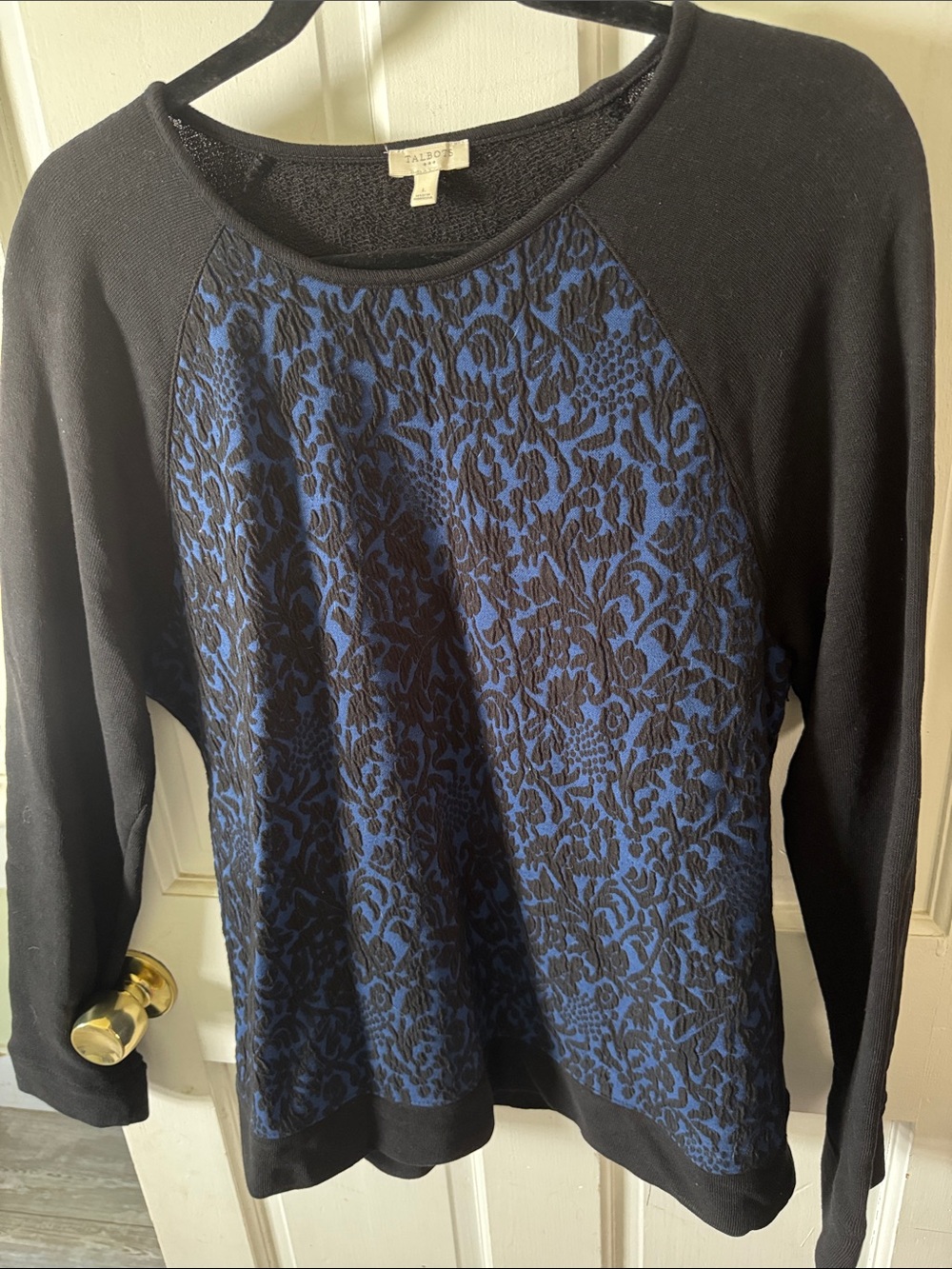 Talbots Black and Blue Floral-Textured Raglan Pullover